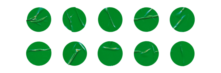 Big set of green glossy paper circles with creases, isolated blank round sticker on transparent background