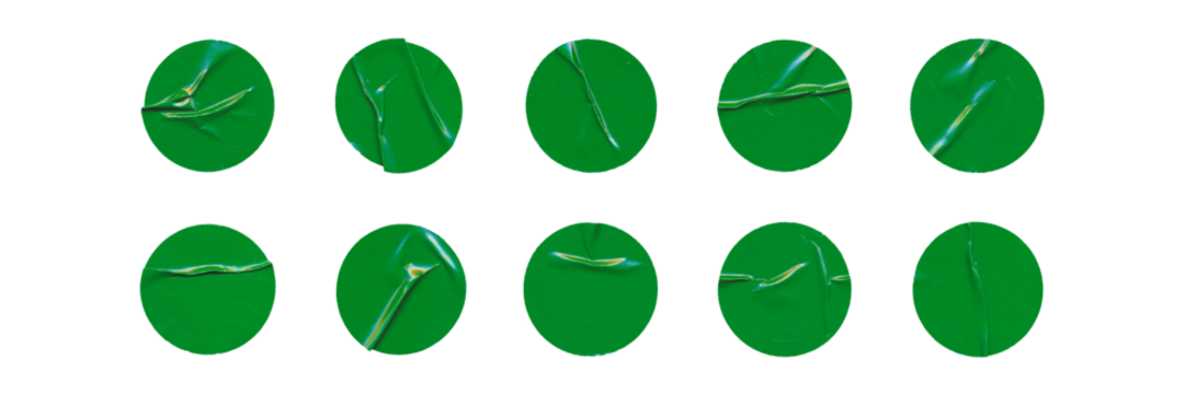 Big set of green glossy paper circles with creases, isolated blank round sticker on transparent background