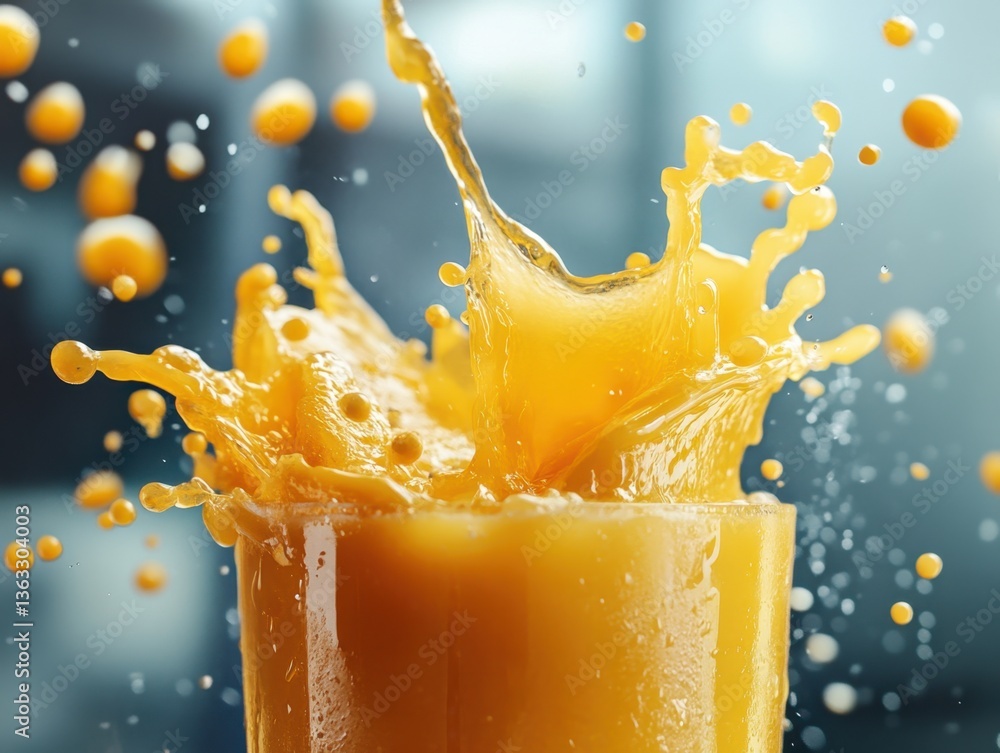 Poster refreshing splash of vibrant orange juice in a glass creating dynamic liquid art with blurred backgr
