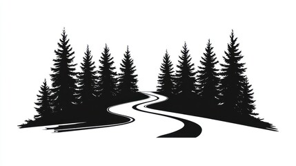 Winding road through dark forest, isolated for graphic design or nature theme