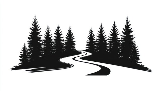Winding road through dark forest, isolated for graphic design or nature theme