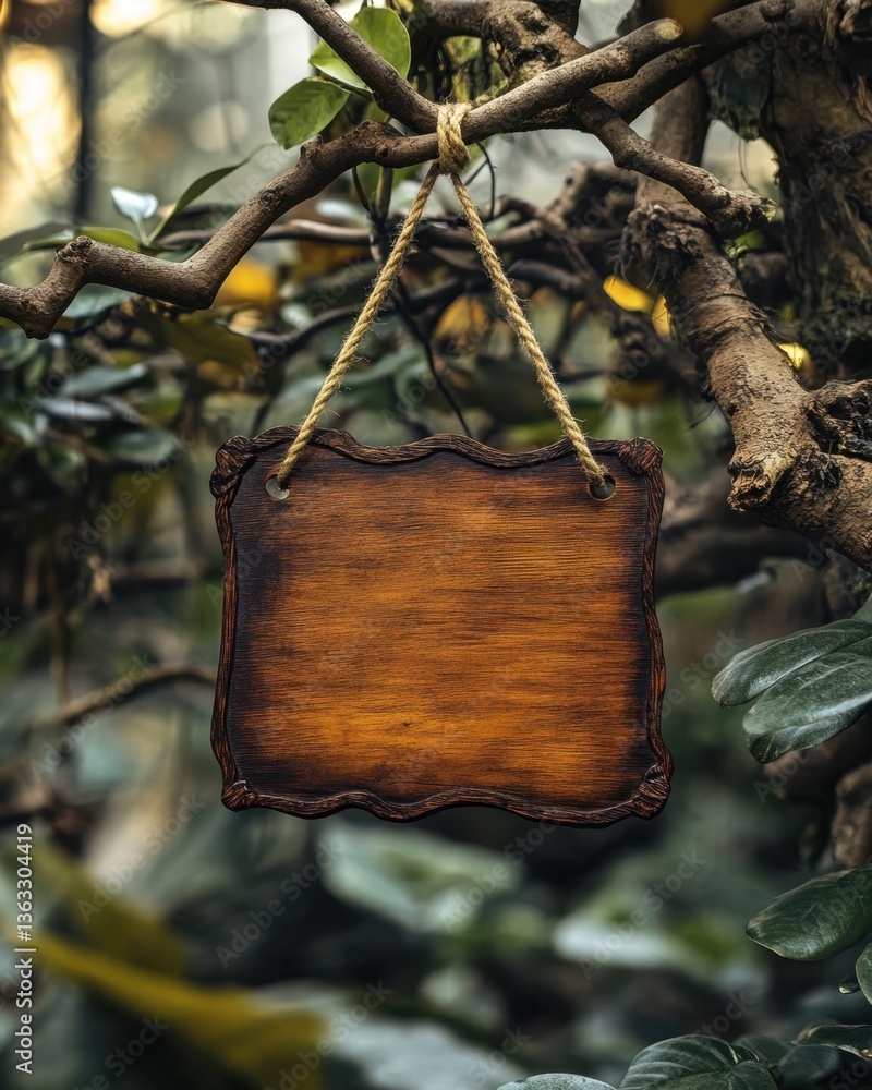 Aufkleber rustic wooden sign hanging from a tree branch in a serene forest setting with natural light and tran