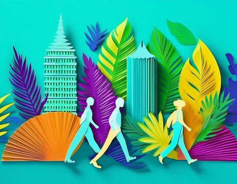 Imagen conmemorativa del D&iacute;a Mundial del Libro con varias personas caminando entre libros, de diferentes nacionalidades, libros con formas de edificios internacionales