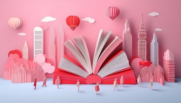 Imagen conmemorativa del D&iacute;a Mundial del Libro con varias personas caminando entre libros, de diferentes nacionalidades, libros con formas de edificios internacionales