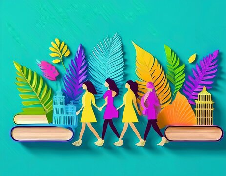 Imagen conmemorativa del D&iacute;a Mundial del Libro con varias personas caminando entre libros, de diferentes nacionalidades, libros con formas de edificios internacionales
