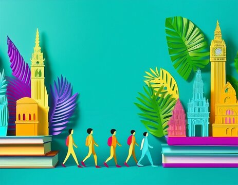 Imagen conmemorativa del D&iacute;a Mundial del Libro con varias personas caminando entre libros, de diferentes nacionalidades, libros con formas de edificios internacionales