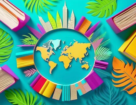 Imagen conmemorativa del D&iacute;a Mundial del Libro con varias personas caminando entre libros, de diferentes nacionalidades, libros con formas de edificios internacionales