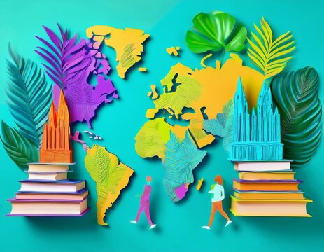 Imagen conmemorativa del D&iacute;a Mundial del Libro con varias personas caminando entre libros, de diferentes nacionalidades, libros con formas de edificios internacionales