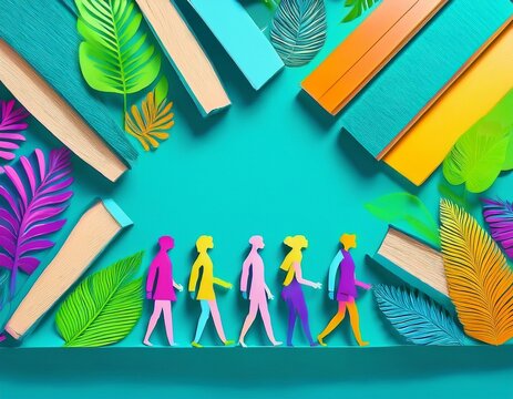 Imagen conmemorativa del D&iacute;a Mundial del Libro con varias personas caminando entre libros, de diferentes nacionalidades, libros con formas de edificios internacionales