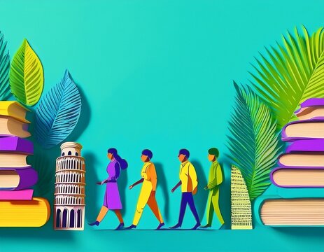 Imagen conmemorativa del D&iacute;a Mundial del Libro con varias personas caminando entre libros, de diferentes nacionalidades, libros con formas de edificios internacionales