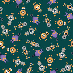 Obraz premium Seamless pattern with funny robots. Design for fabric, textile, wallpaper, packaging 