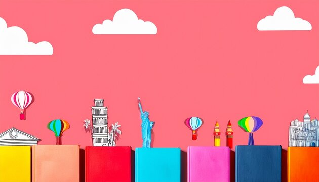 Imagen conmemorativa del D&iacute;a Mundial del Libro con varias personas caminando entre libros, de diferentes nacionalidades, libros con formas de edificios internacionales
