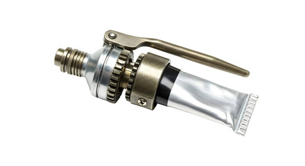 Detailed image of a metallic cream tube dispenser featuring a threaded nozzle, decorative gears, and lever mechanism showcasing functionality in product design.