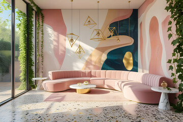 Contemporary seating nook with a pink modular sofa, abstract mural, gold lighting fixtures, and greenery for a trendy interior vibe