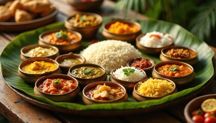 Ayurvedic meal with various Indian dishes. A balanced diet featuring rice, vegetables, herbs spices on a banana leaf. Healthy food, wellness concept. Traditional vegetarian, vegan meal.
