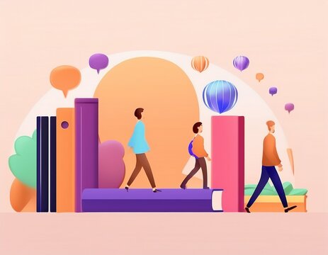 Imagen conmemorativa del D&iacute;a Mundial del Libro con varias personas caminando entre libros, de diferentes nacionalidades, libros con formas de edificios internacionales