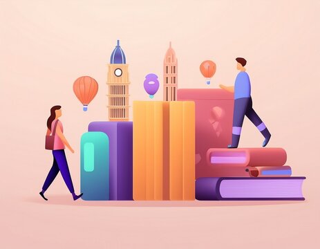 Imagen conmemorativa del D&iacute;a Mundial del Libro con varias personas caminando entre libros, de diferentes nacionalidades, libros con formas de edificios internacionales