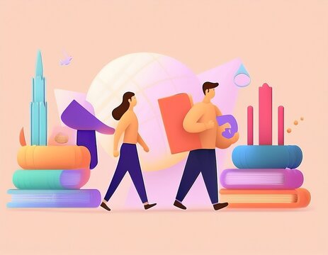 Imagen conmemorativa del D&iacute;a Mundial del Libro con varias personas caminando entre libros, de diferentes nacionalidades, libros con formas de edificios internacionales