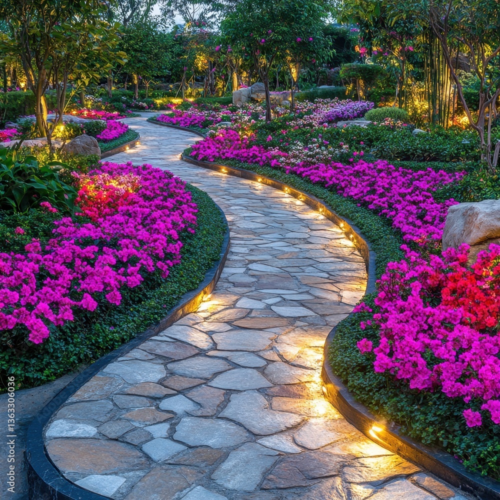 Aufkleber serene garden path illuminated by soft lights winding through vibrant flowers and lush greenery crea