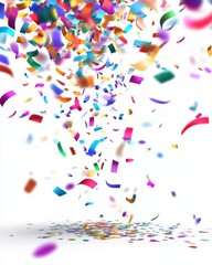 Obraz premium Festive cascade of vibrant confetti falling against a clean white background creating a celebratory mood and dynamic visual effect