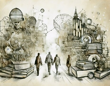 Imagen conmemorativa del D&iacute;a Mundial del Libro con varias personas caminando entre libros, de diferentes nacionalidades, libros con formas de edificios internacionales
