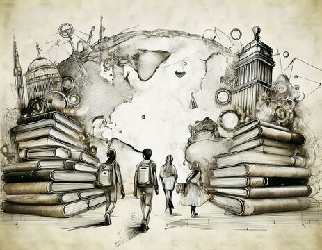 Imagen conmemorativa del D&iacute;a Mundial del Libro con varias personas caminando entre libros, de diferentes nacionalidades, libros con formas de edificios internacionales