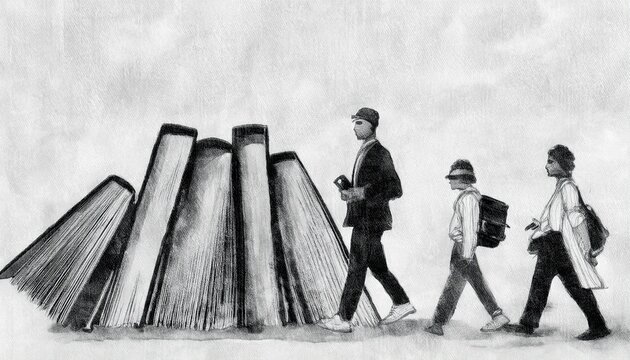 Imagen conmemorativa del D&iacute;a Mundial del Libro con varias personas caminando entre libros, de diferentes nacionalidades, libros con formas de edificios internacionales