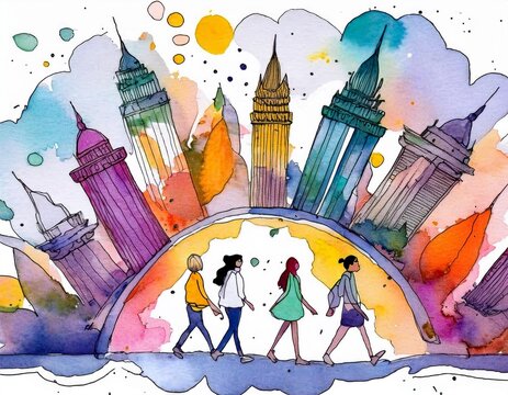 Imagen conmemorativa del D&iacute;a Mundial del Libro con varias personas caminando entre libros, de diferentes nacionalidades, libros con formas de edificios internacionales
