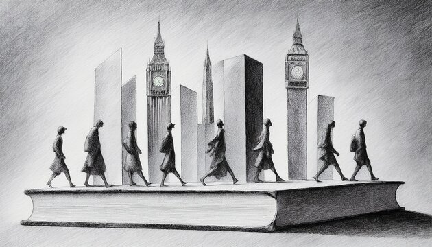 Imagen conmemorativa del D&iacute;a Mundial del Libro con varias personas caminando entre libros, de diferentes nacionalidades, libros con formas de edificios internacionales