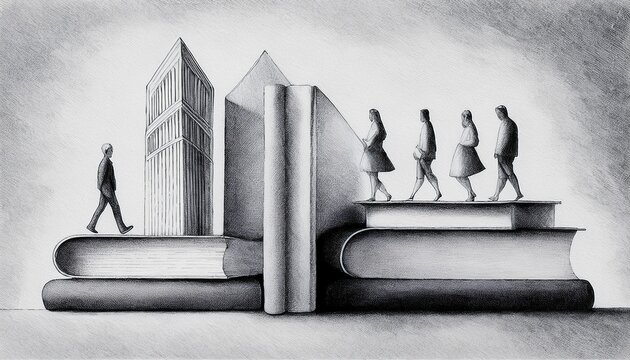 Imagen conmemorativa del D&iacute;a Mundial del Libro con varias personas caminando entre libros, de diferentes nacionalidades, libros con formas de edificios internacionales
