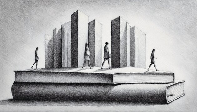 Imagen conmemorativa del D&iacute;a Mundial del Libro con varias personas caminando entre libros, de diferentes nacionalidades, libros con formas de edificios internacionales