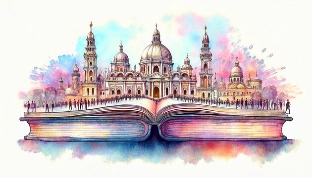 Imagen conmemorativa del D&iacute;a Mundial del Libro con varias personas caminando entre libros, de diferentes nacionalidades, libros con formas de edificios internacionales