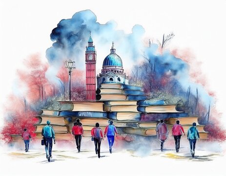 Imagen conmemorativa del D&iacute;a Mundial del Libro con varias personas caminando entre libros, de diferentes nacionalidades, libros con formas de edificios internacionales
