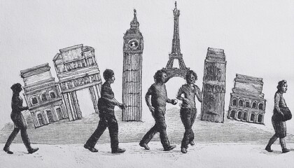 Imagen conmemorativa del Día Mundial del Libro con varias personas caminando entre libros, de diferentes nacionalidades, libros con formas de edificios internacionales