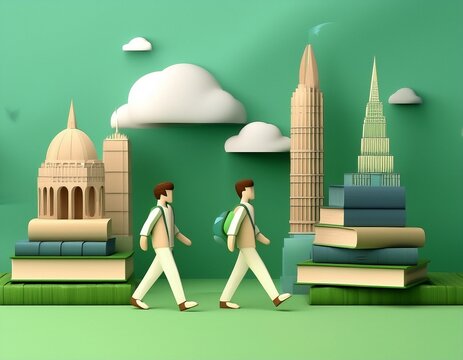 Imagen conmemorativa del D&iacute;a Mundial del Libro con varias personas caminando entre libros, de diferentes nacionalidades, libros con formas de edificios internacionales
