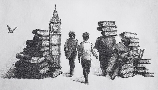 Imagen conmemorativa del D&iacute;a Mundial del Libro con varias personas caminando entre libros, de diferentes nacionalidades, libros con formas de edificios internacionales