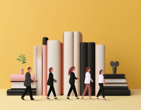 Imagen conmemorativa del D&iacute;a Mundial del Libro con varias personas caminando entre libros, de diferentes nacionalidades, libros con formas de edificios internacionales