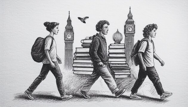 Imagen conmemorativa del D&iacute;a Mundial del Libro con varias personas caminando entre libros, de diferentes nacionalidades, libros con formas de edificios internacionales
