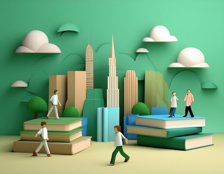 Imagen conmemorativa del D&iacute;a Mundial del Libro con varias personas caminando entre libros, de diferentes nacionalidades, libros con formas de edificios internacionales