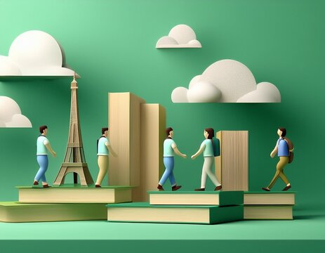 Imagen conmemorativa del D&iacute;a Mundial del Libro con varias personas caminando entre libros, de diferentes nacionalidades, libros con formas de edificios internacionales