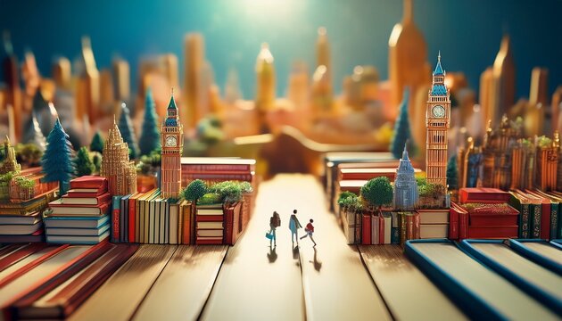 Imagen conmemorativa del D&iacute;a Mundial del Libro con varias personas caminando entre libros, de diferentes nacionalidades, libros con formas de edificios internacionales
