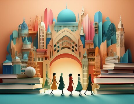 Imagen conmemorativa del D&iacute;a Mundial del Libro con varias personas caminando entre libros, de diferentes nacionalidades, libros con formas de edificios internacionales