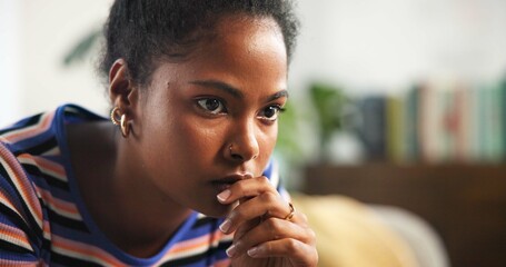 Thinking, home and serious woman with reflection, stress or contemplating decision. Planning,...