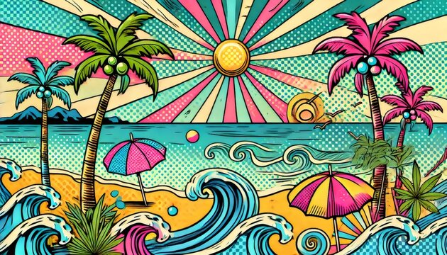 Vibrant pop art beach scene with stylized palm trees, ocean waves and colorful umbrellas