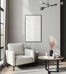 Modern living room with armchair, coffee table, and blank poster.