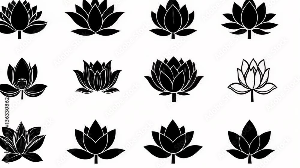 Poster elegant black lotus icons on white background for design elements generative ai