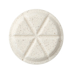 Round antacid tablet with beveled edges chalky texture and off white color speckled on a white background Ideal for healthcare concepts