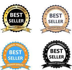 set of best seller badges and labels logo design for product brand include golden premium, black white, vintage brown, light blue and orange