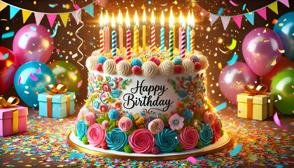 A colorful birthday cake with lit candles, surrounded by confetti, set against a bright sky blue background for a festive celebration