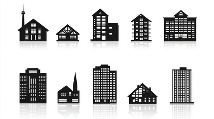 Obraz premium Black silhouettes of diverse buildings on white, suitable for architectural designs